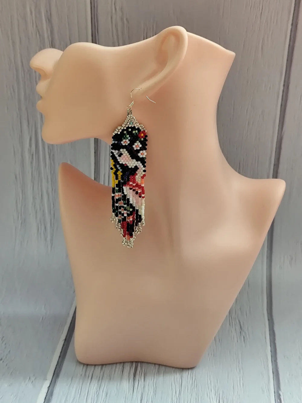 Handmade Multicolor Beaded Fringe Earrings — Bird Motif